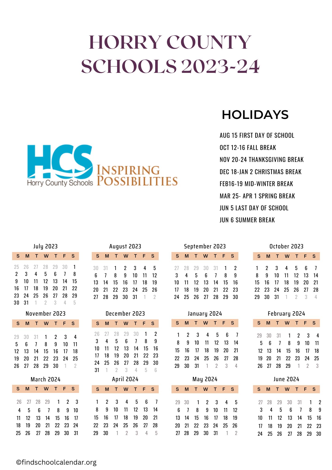 Horry County Schools Calendar With Holidays 202324